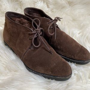 SALVATORE FERRAGAMO VINTAGE BROWN SUEDE FUR LINED LACE UP BOOTIES 5 1/2 B